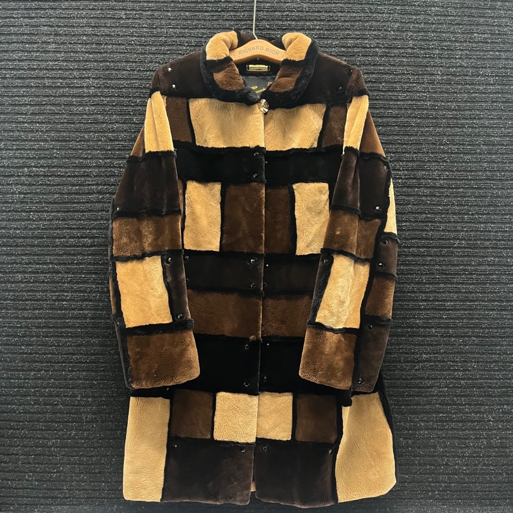 Zuki Canada Mens Patchwork Shaved Beaver Coat Brown Black Geometric Studded